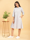 Fine Check Linen Dress with Turn-up Sleeves