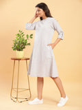 Fine Check Linen Dress with Turn-up Sleeves