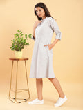 Fine Check Linen Dress with Turn-up Sleeves