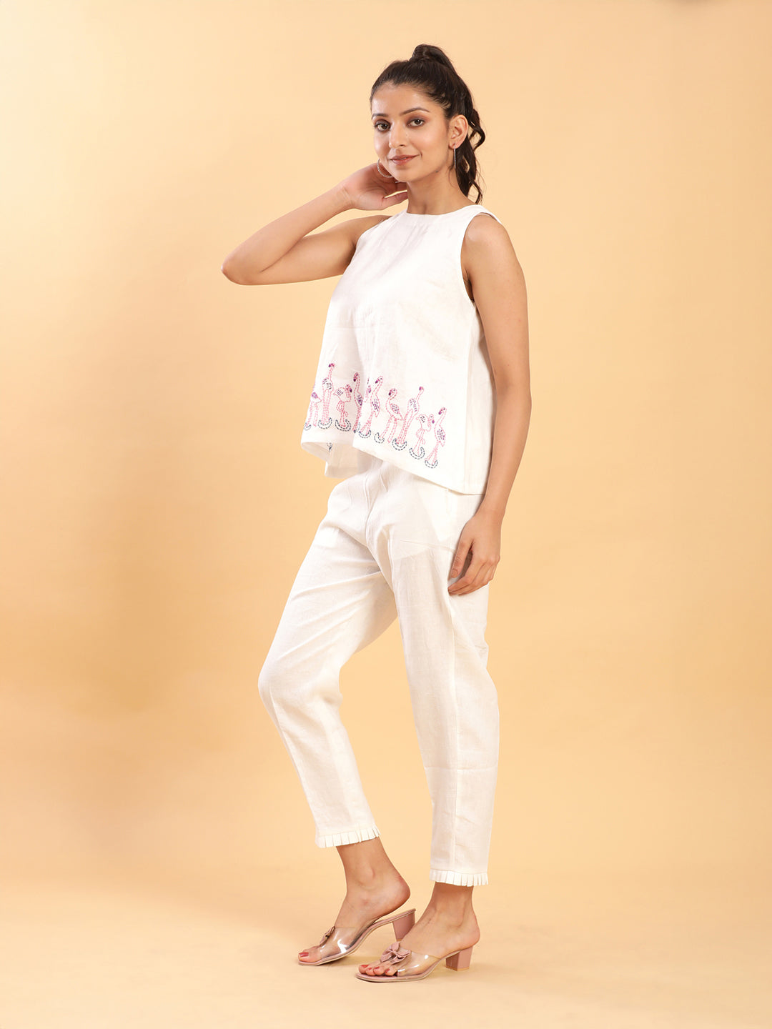 Flamingo Embroidered Linen Co-ord Set