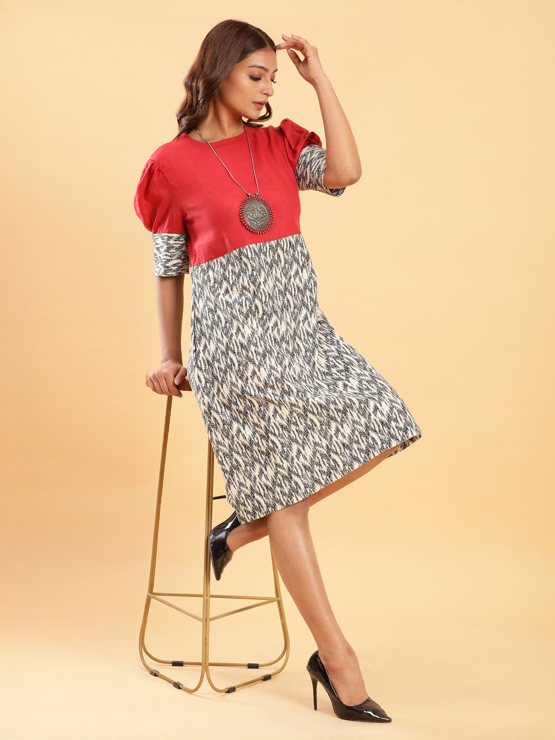 Fusion Ikkat and Red Linen Sheath Dress