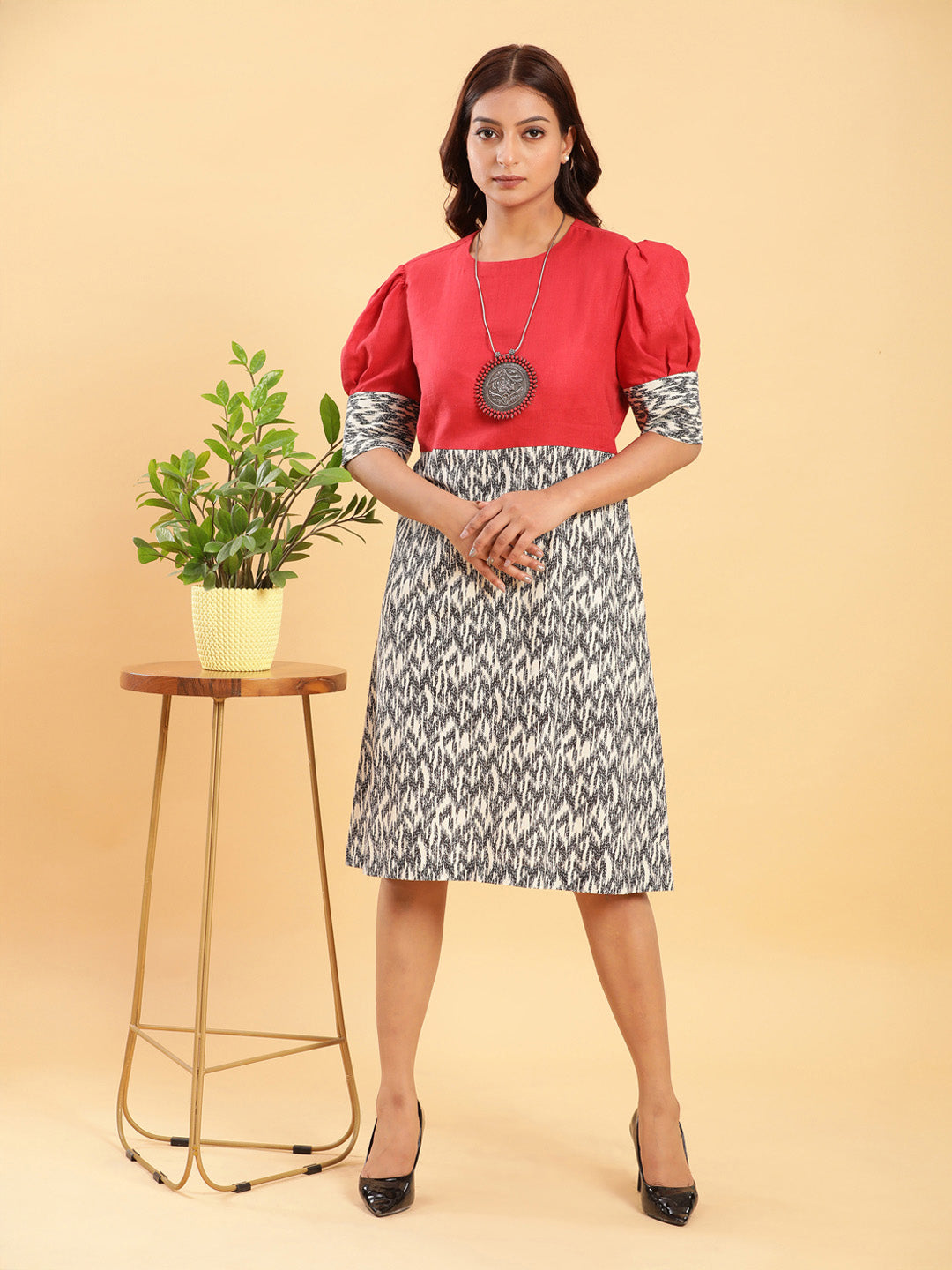 Fusion Ikkat and Red Linen Sheath Dress