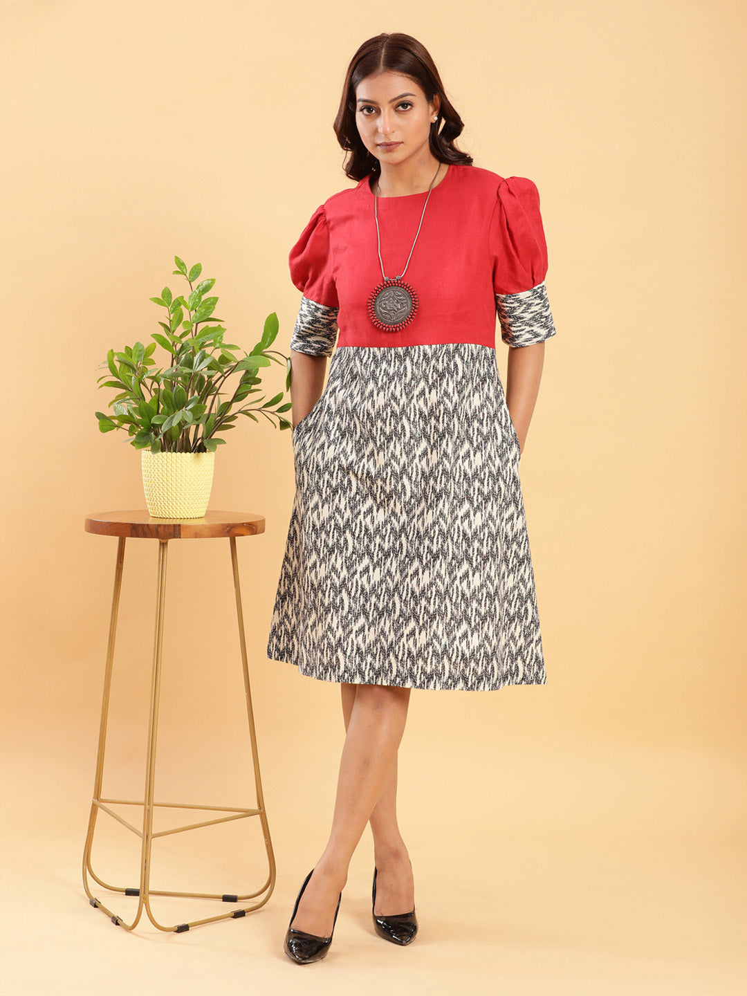 Fusion Ikkat and Red Linen Sheath Dress