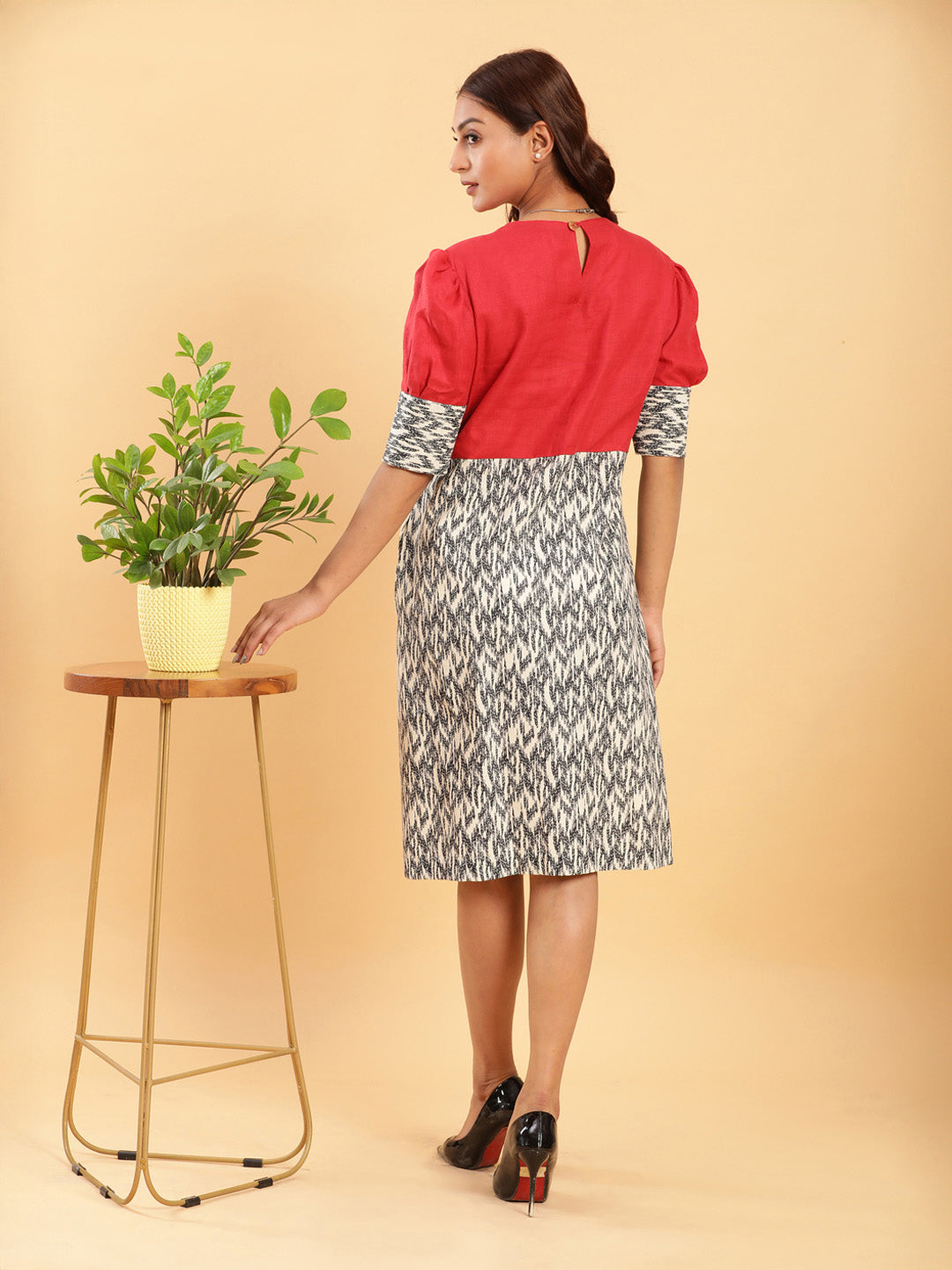 Fusion Ikkat and Red Linen Sheath Dress