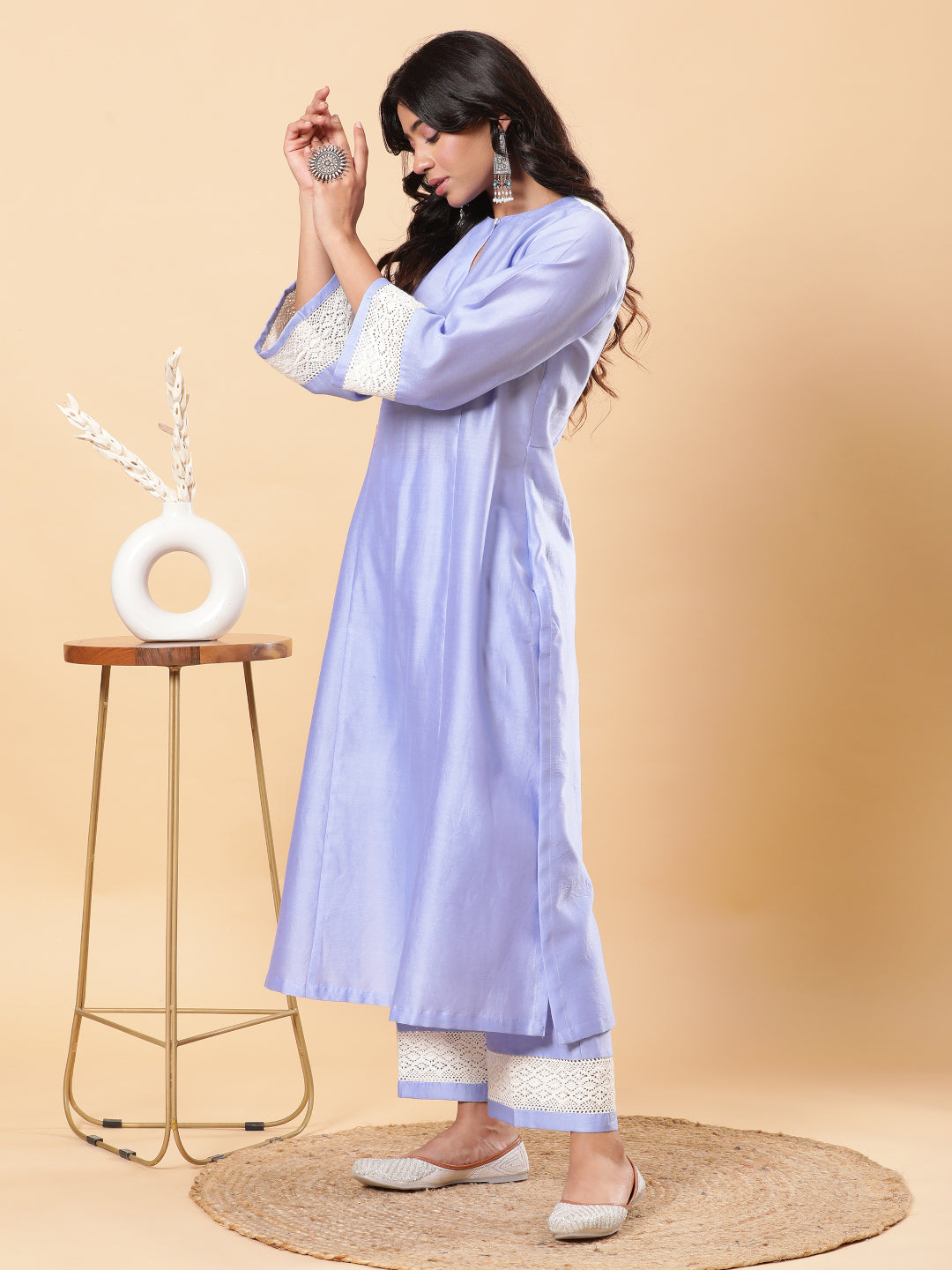 Grace Chanderi Kurta Pant with Lace - Blue