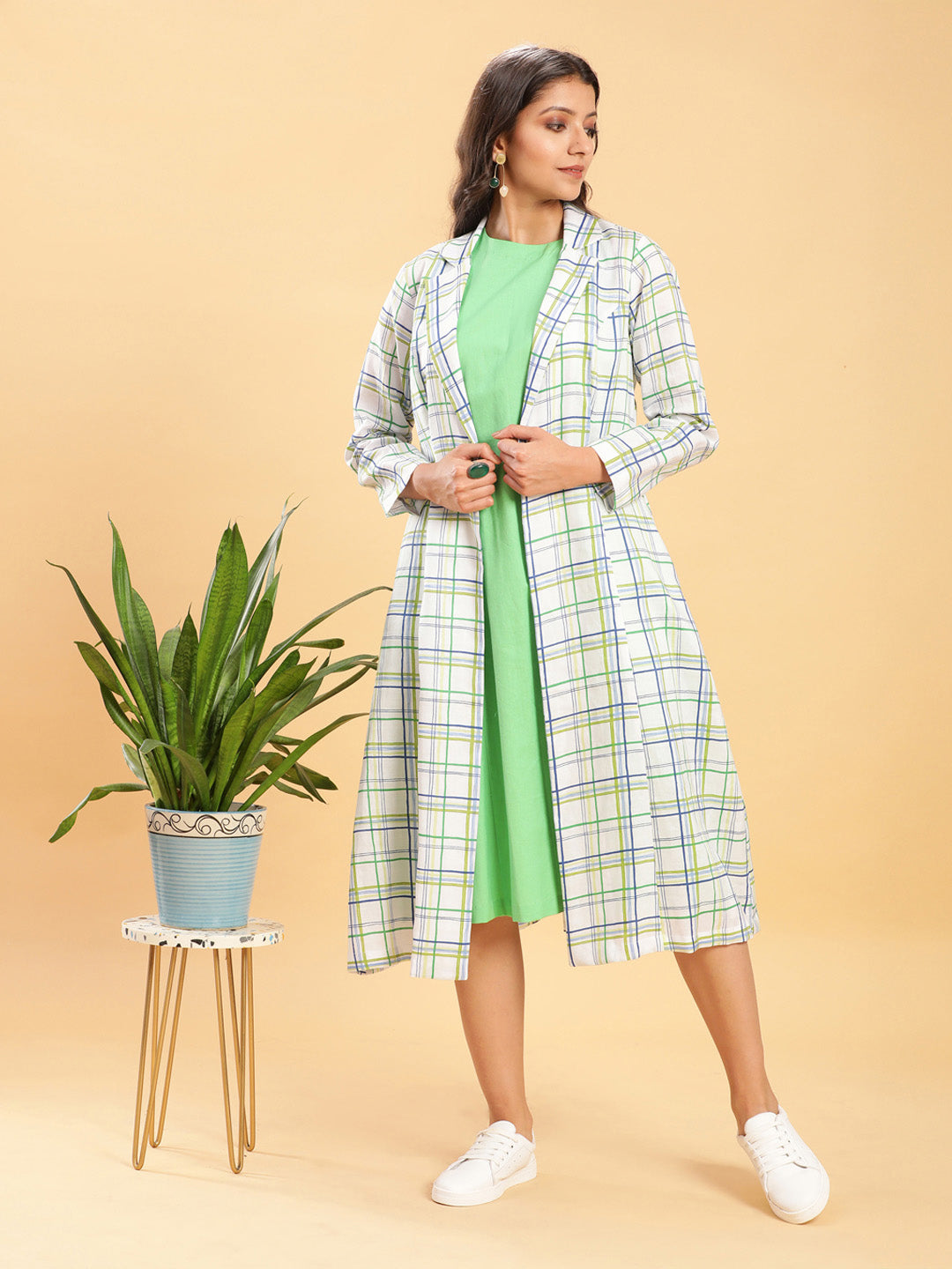 White Leaf Green Check Linen Jacket with Solid Linen Dress