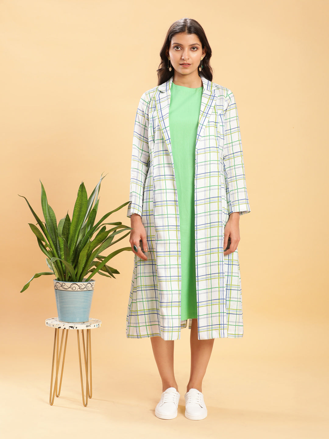 White Leaf Green Check Linen Jacket with Solid Linen Dress