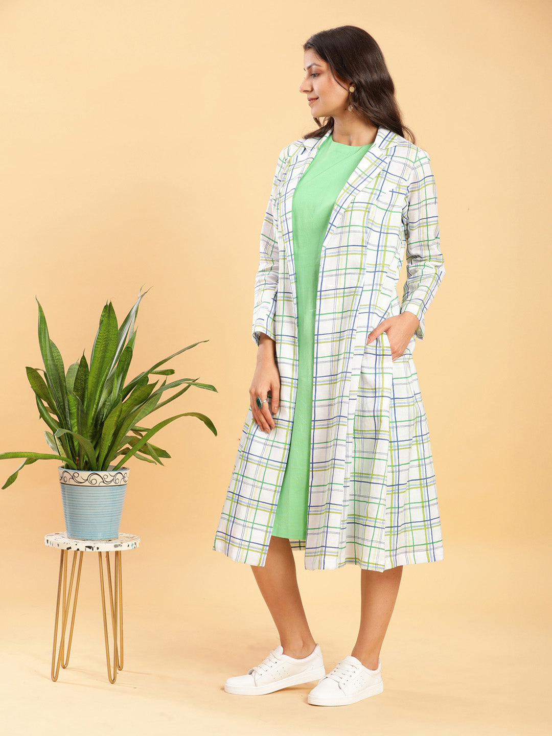 White Leaf Green Check Linen Jacket with Solid Linen Dress