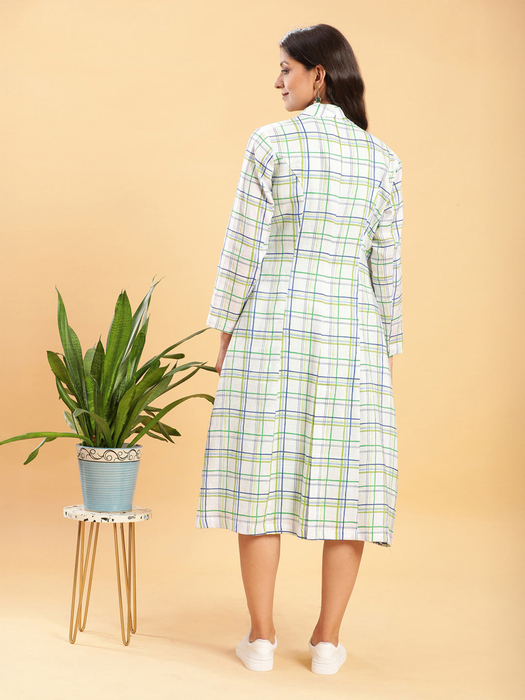 White Leaf Green Check Linen Jacket with Solid Linen Dress