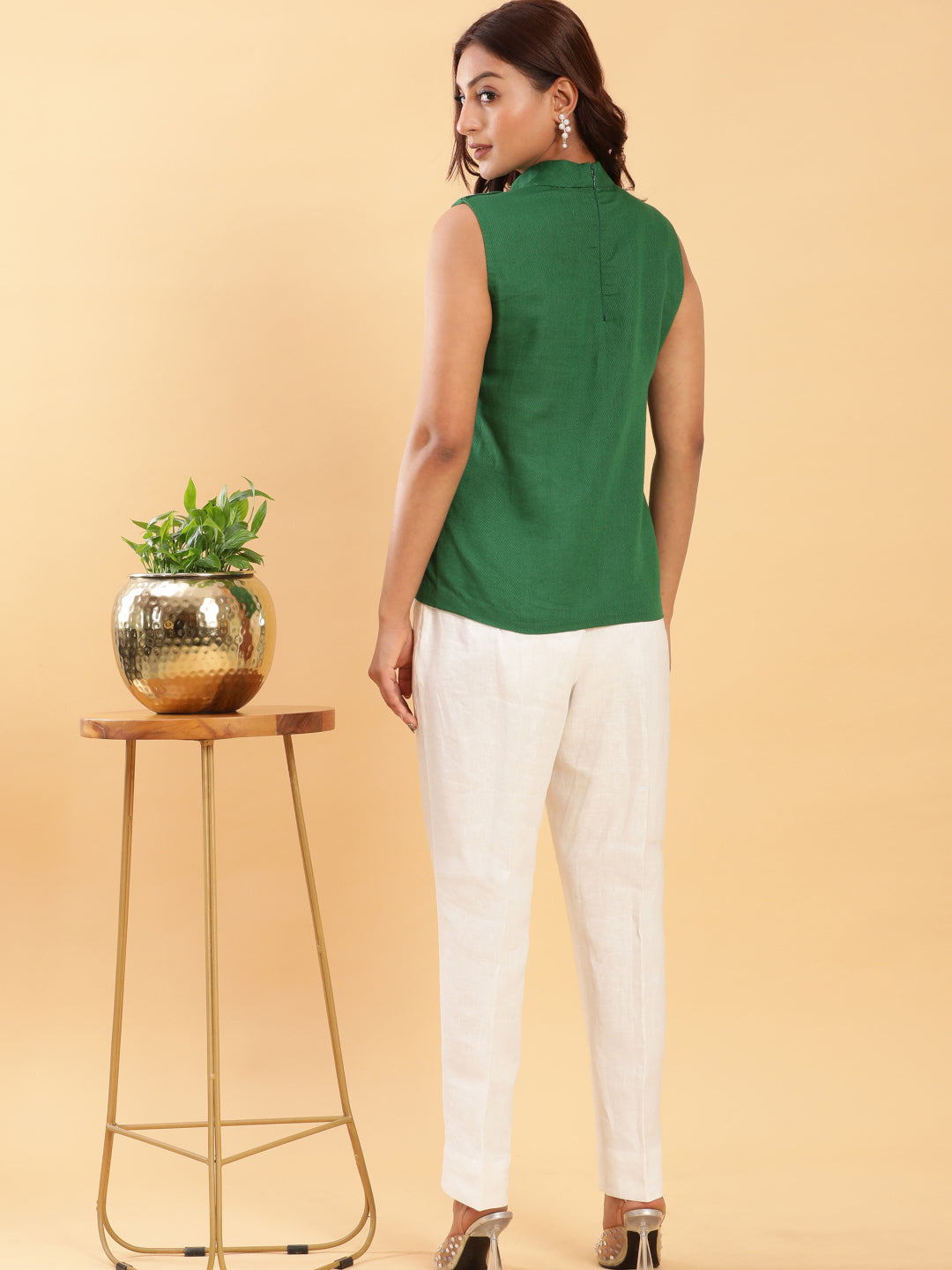 Green Fitted Top with Off-White Trousers Co-ord Set