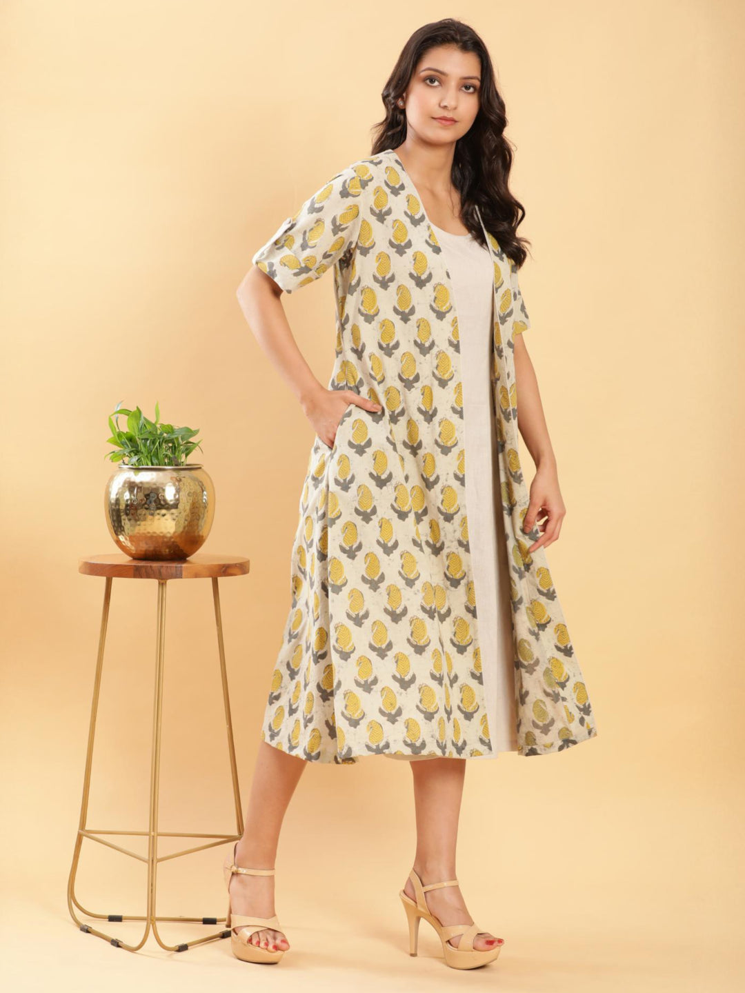 Vegetable Dye Handblock Jacket with Beige Linen Dress