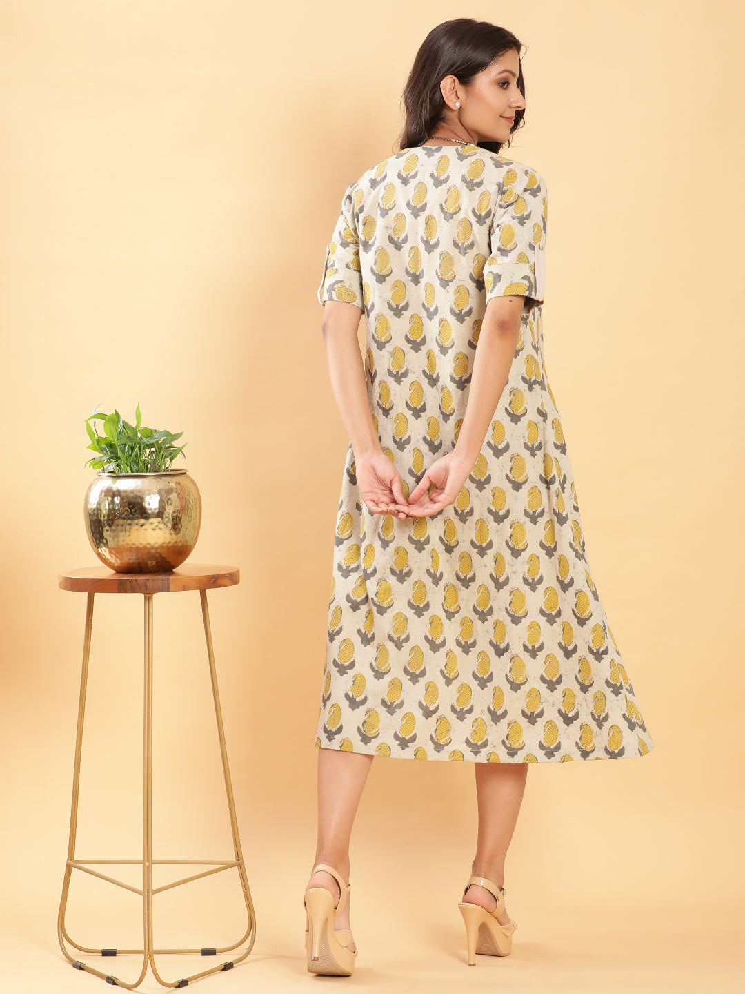Vegetable Dye Handblock Jacket with Beige Linen Dress