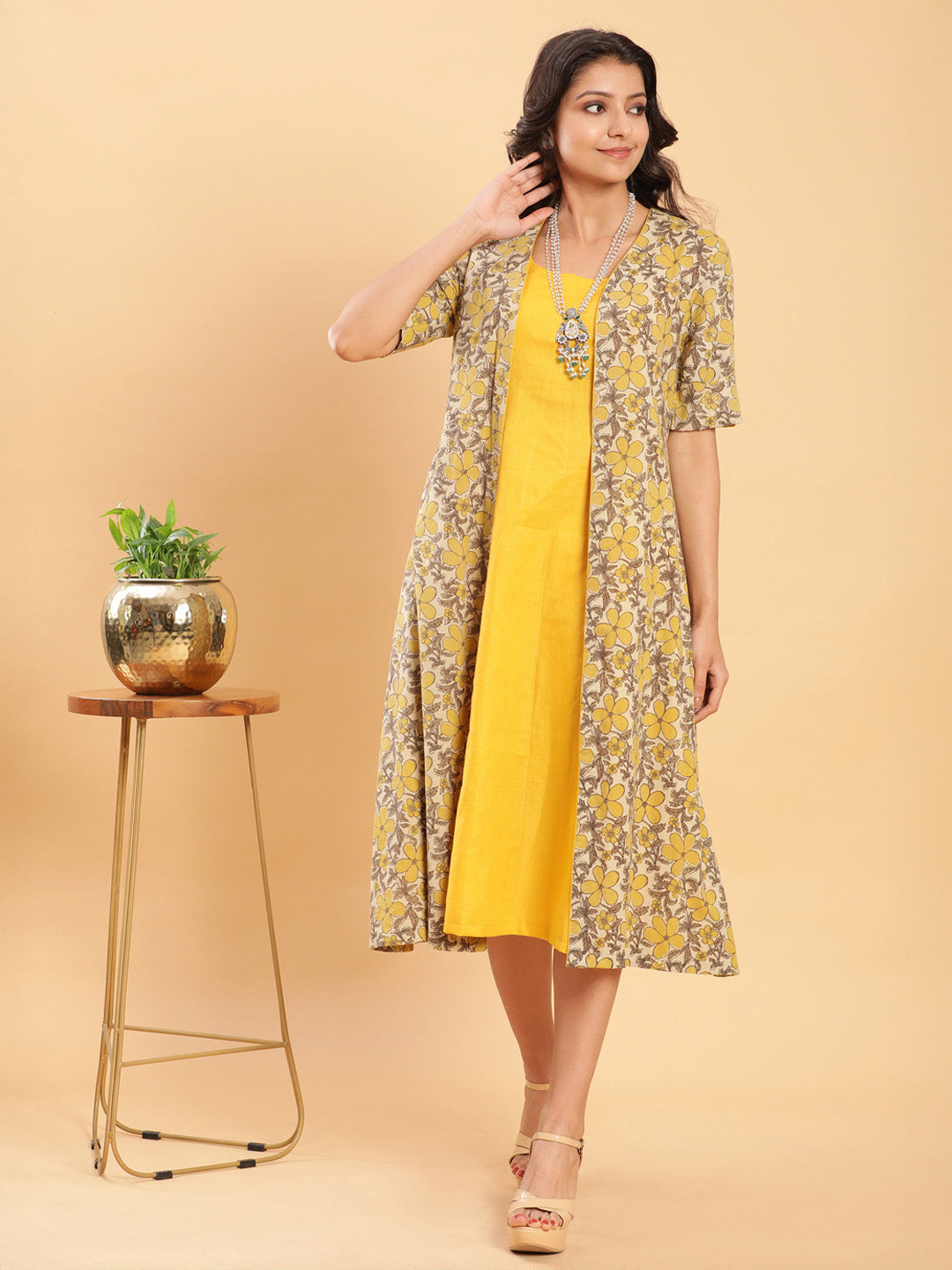 Vegetable Dye Handblock Jacket with Chrome Yellow Linen Dress