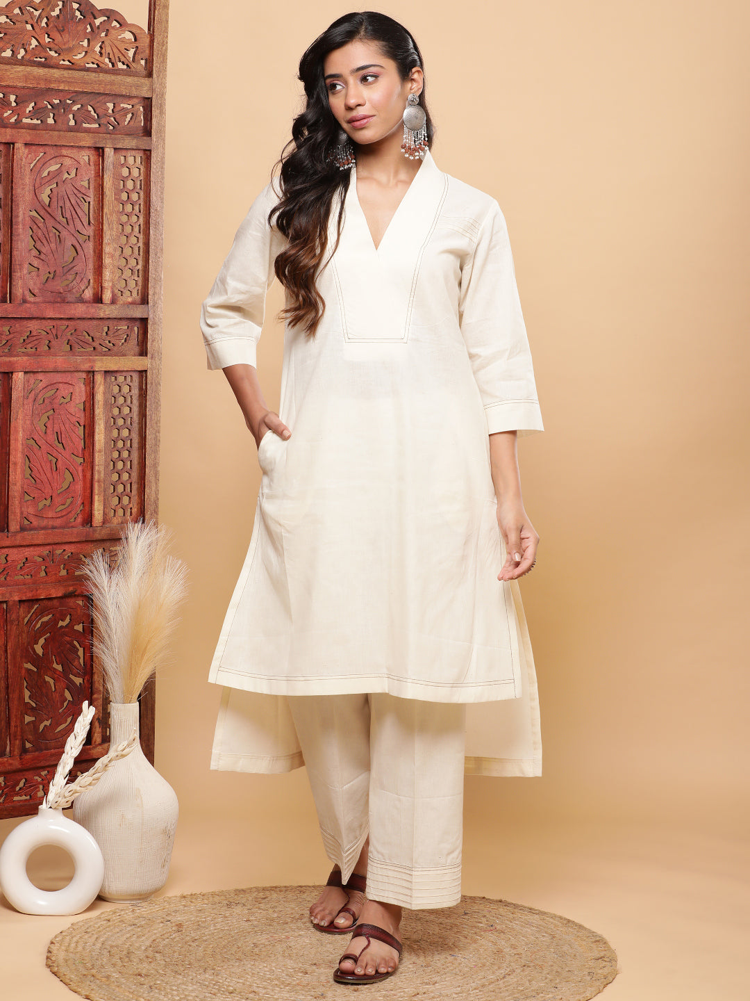 High Low Ivory Kurta Pants with Pintucks