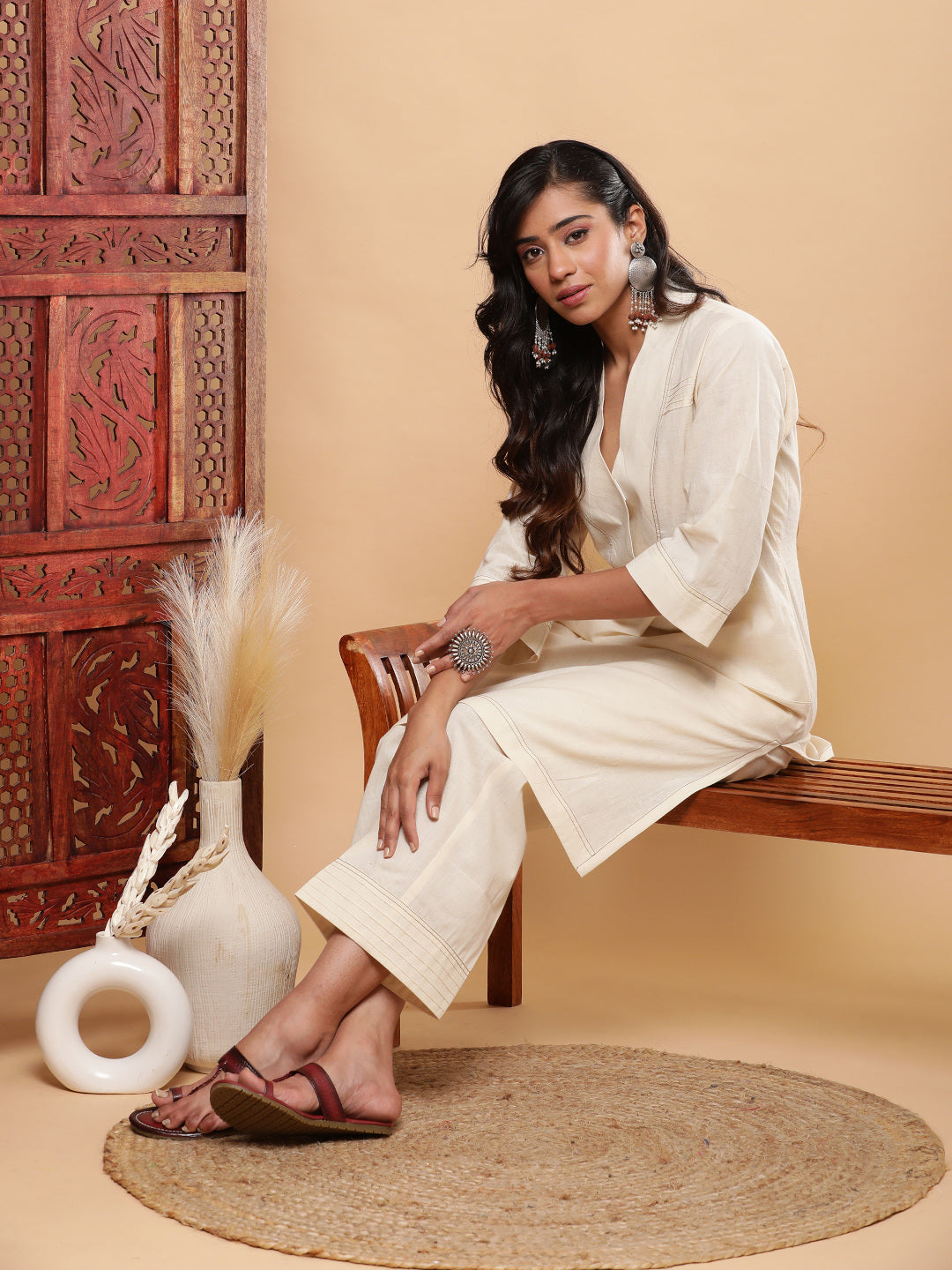 High Low Ivory Kurta Pants with Pintucks