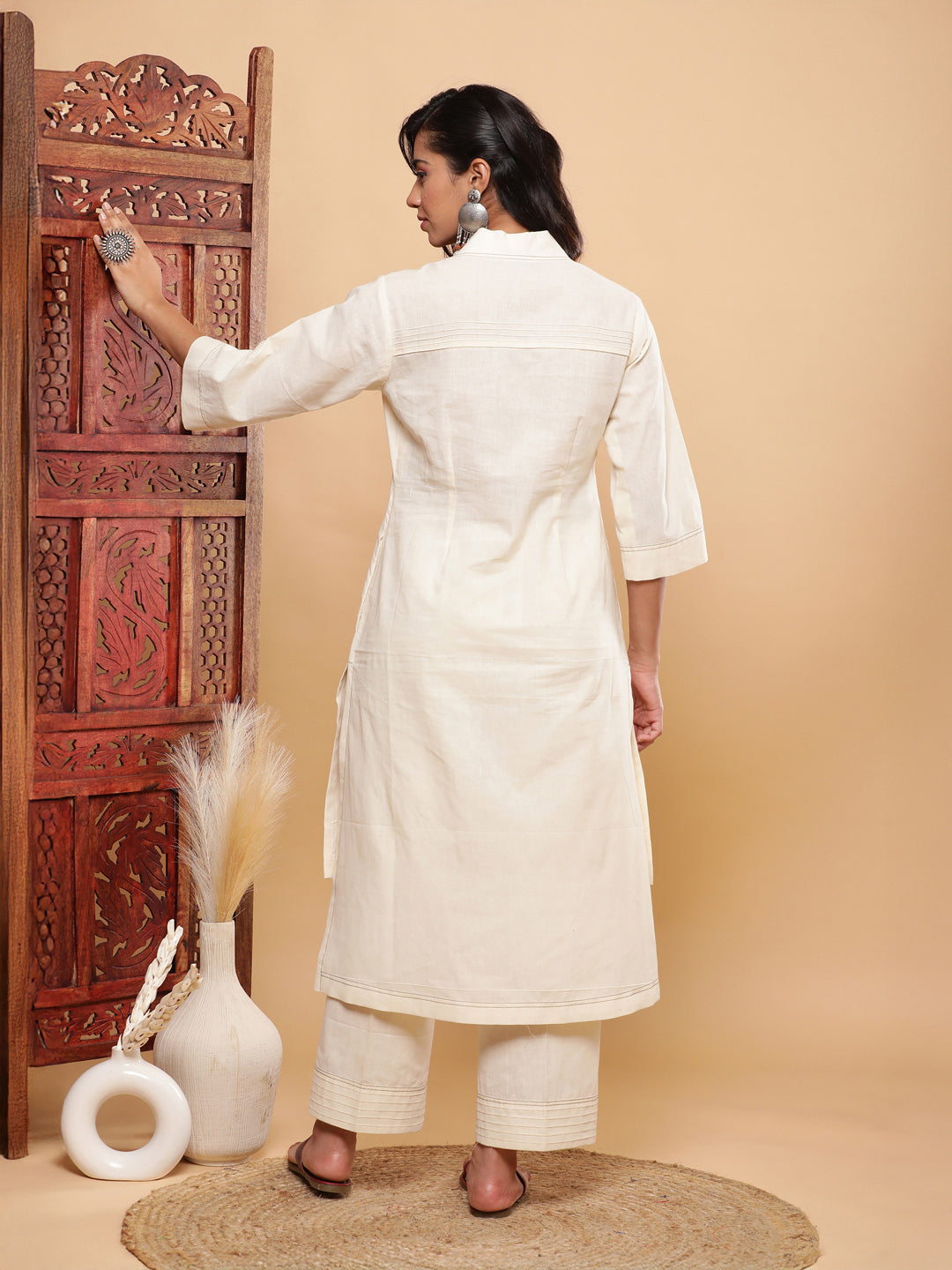 High Low Ivory Kurta Pants with Pintucks