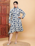 Stylish Indigo Handblock Shirt Dress with Diagonal Frill