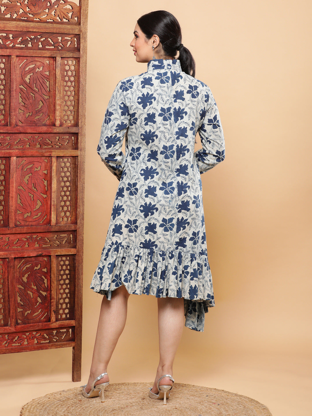 Stylish Indigo Handblock Shirt Dress with Diagonal Frill