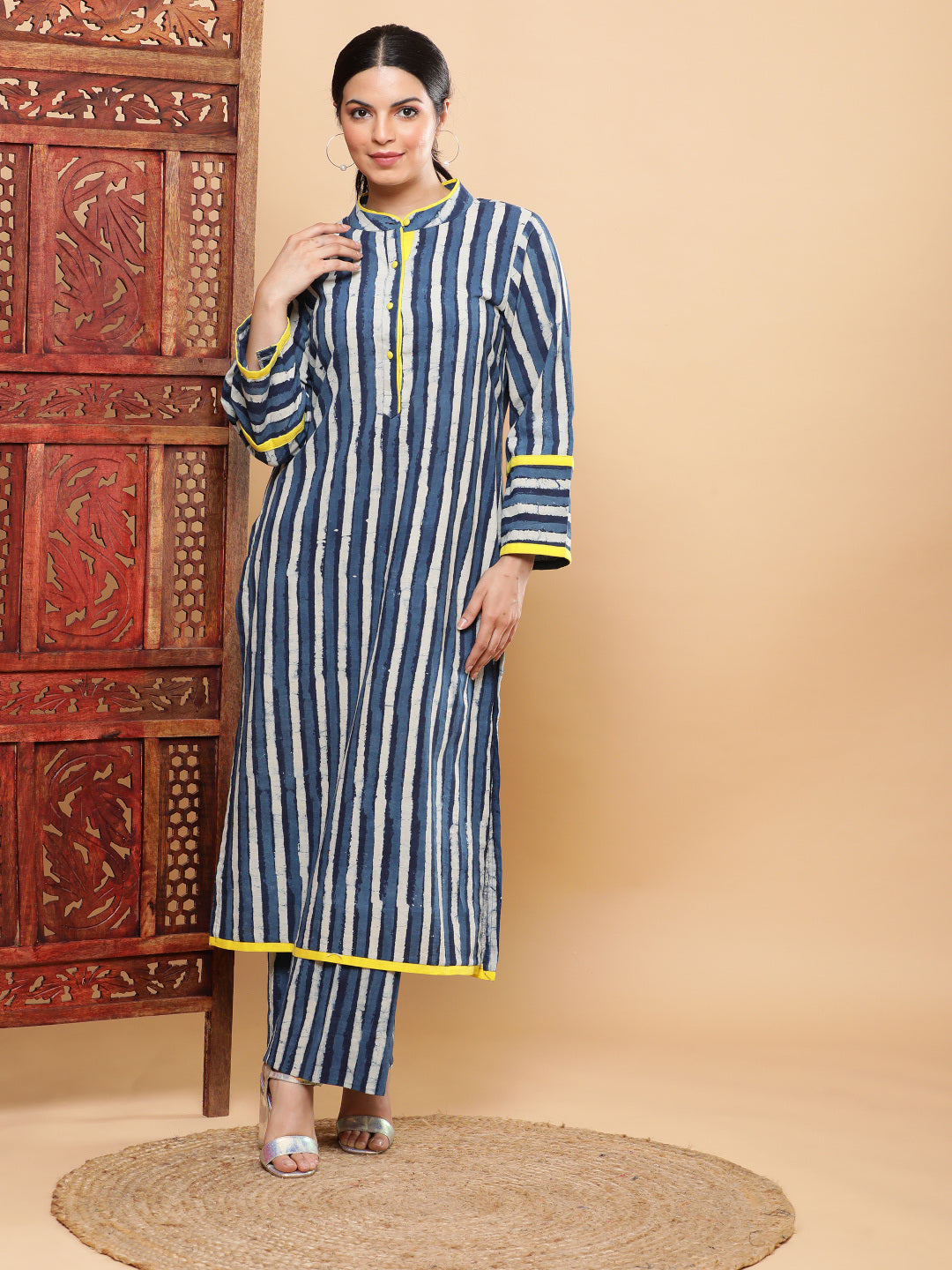 Indigo Handblock Stripe with Yellow Pop Kurta Pant