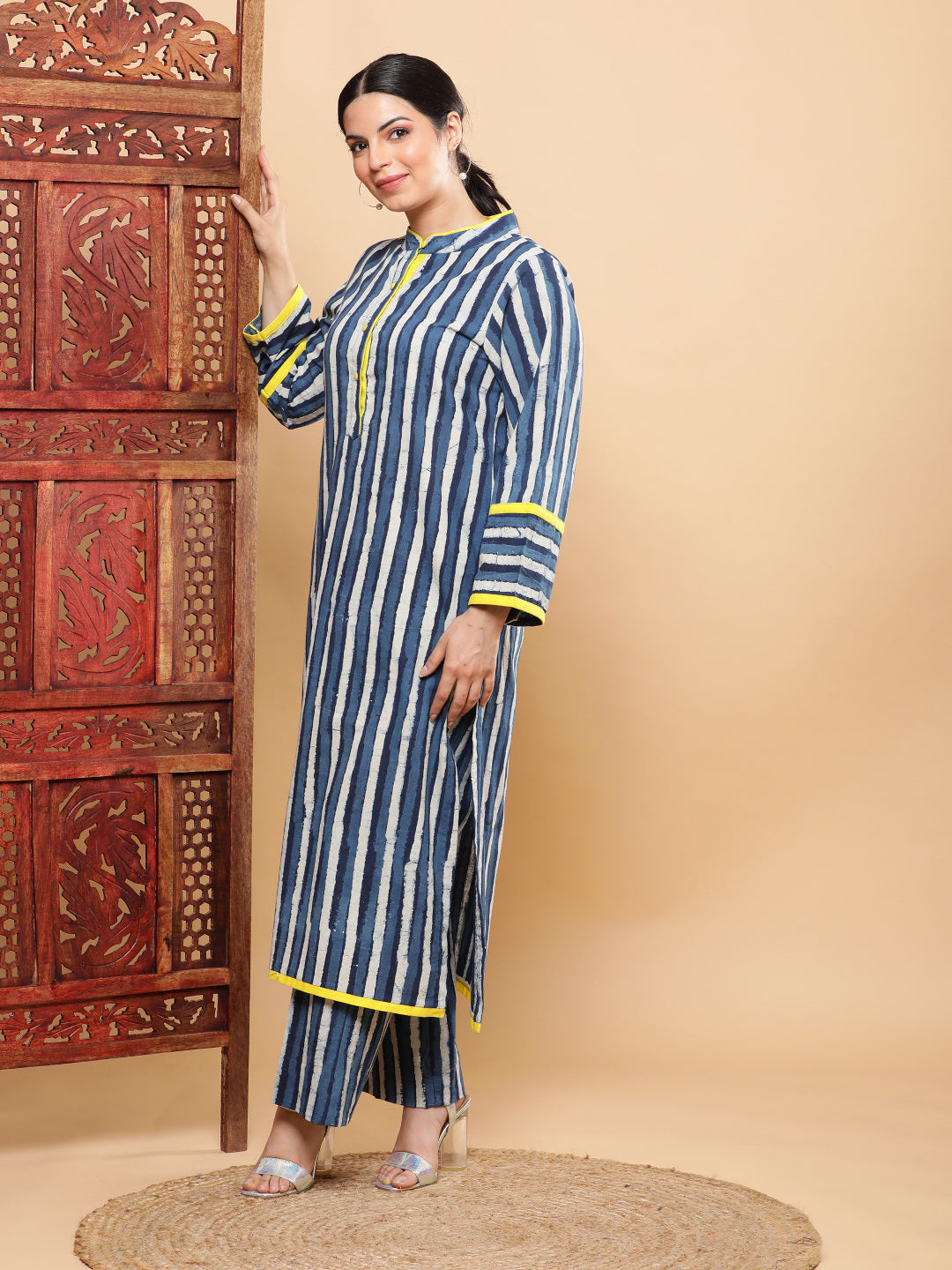 Indigo Handblock Stripe with Yellow Pop Kurta Pant