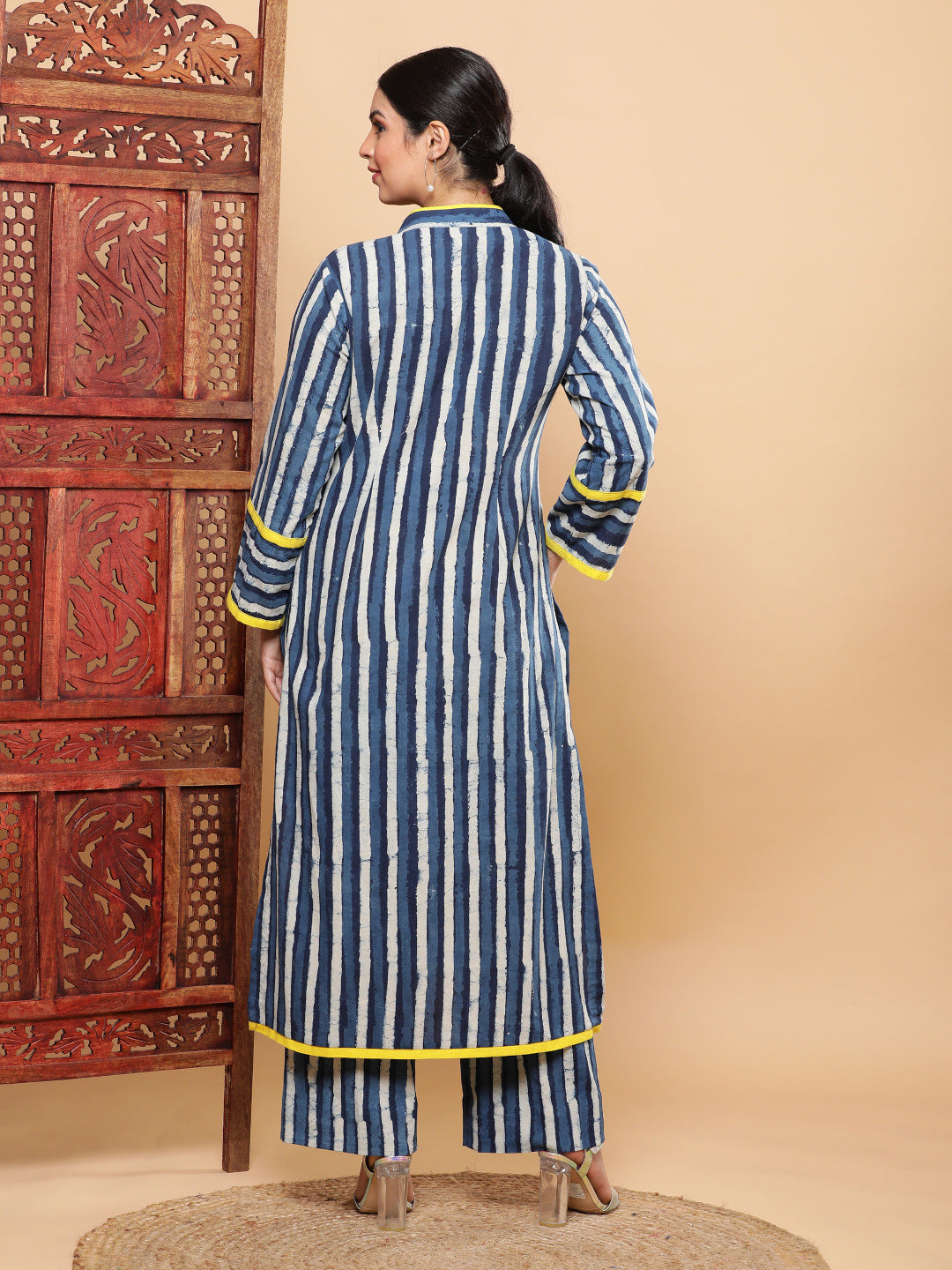 Indigo Handblock Stripe with Yellow Pop Kurta Pant