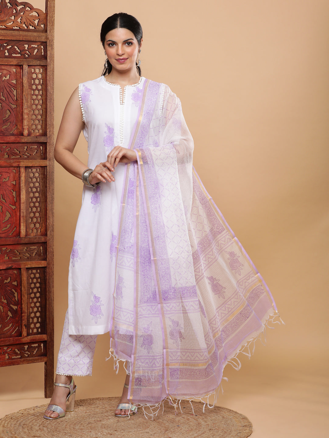 Lilac Print Cotton Suit with Kota Dupatta