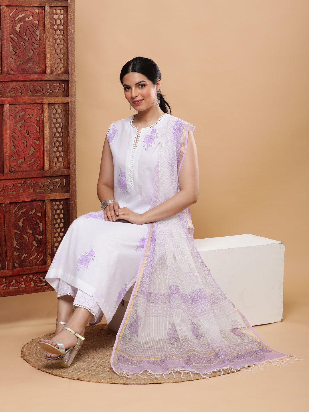 Lilac Print Cotton Suit with Kota Dupatta