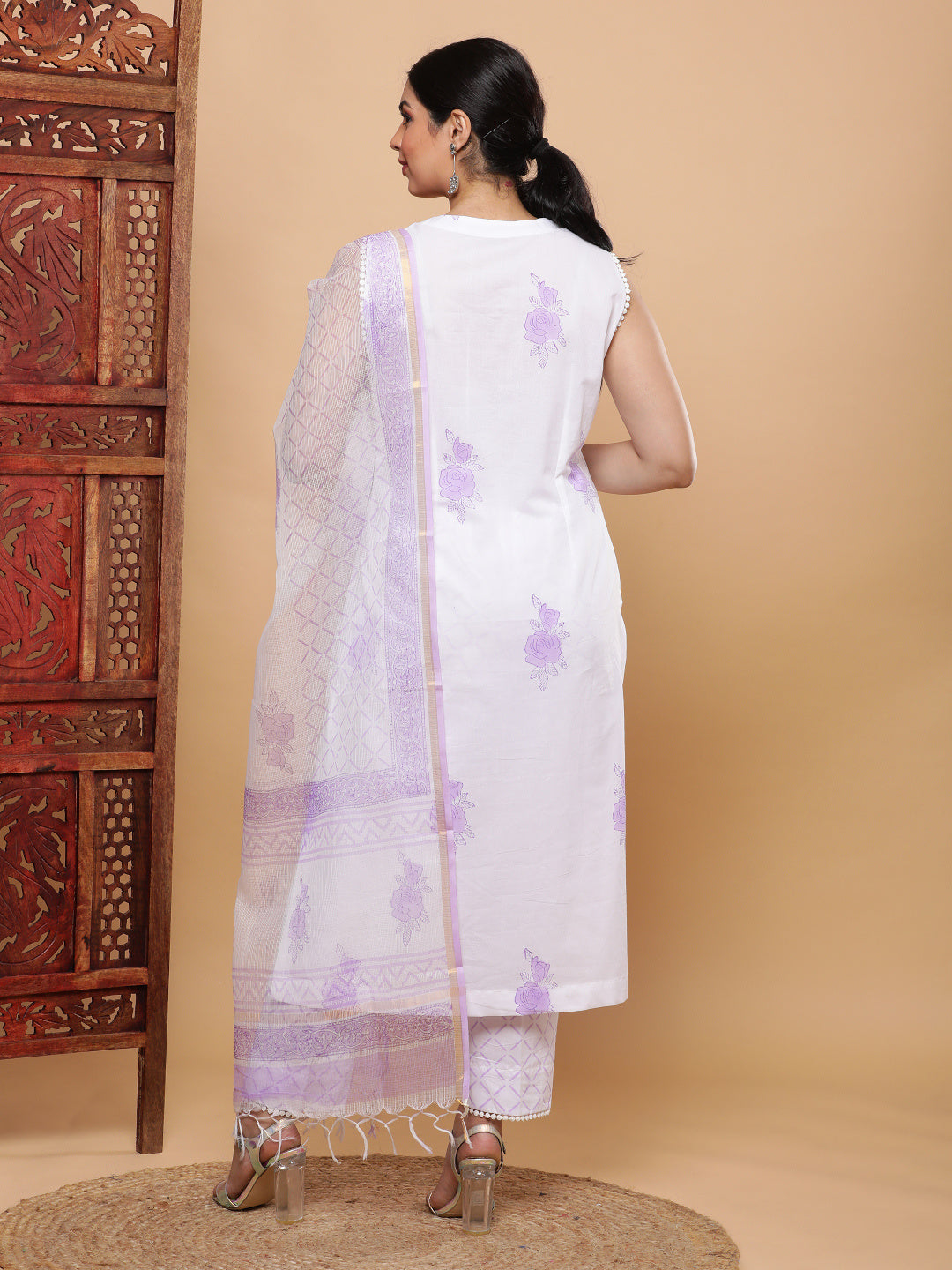 Lilac Print Cotton Suit with Kota Dupatta