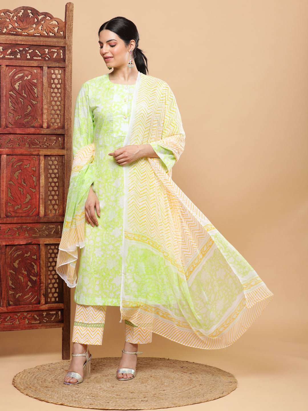 Summery Lime & Amber Cotton Suit with Chiffon Dupatta