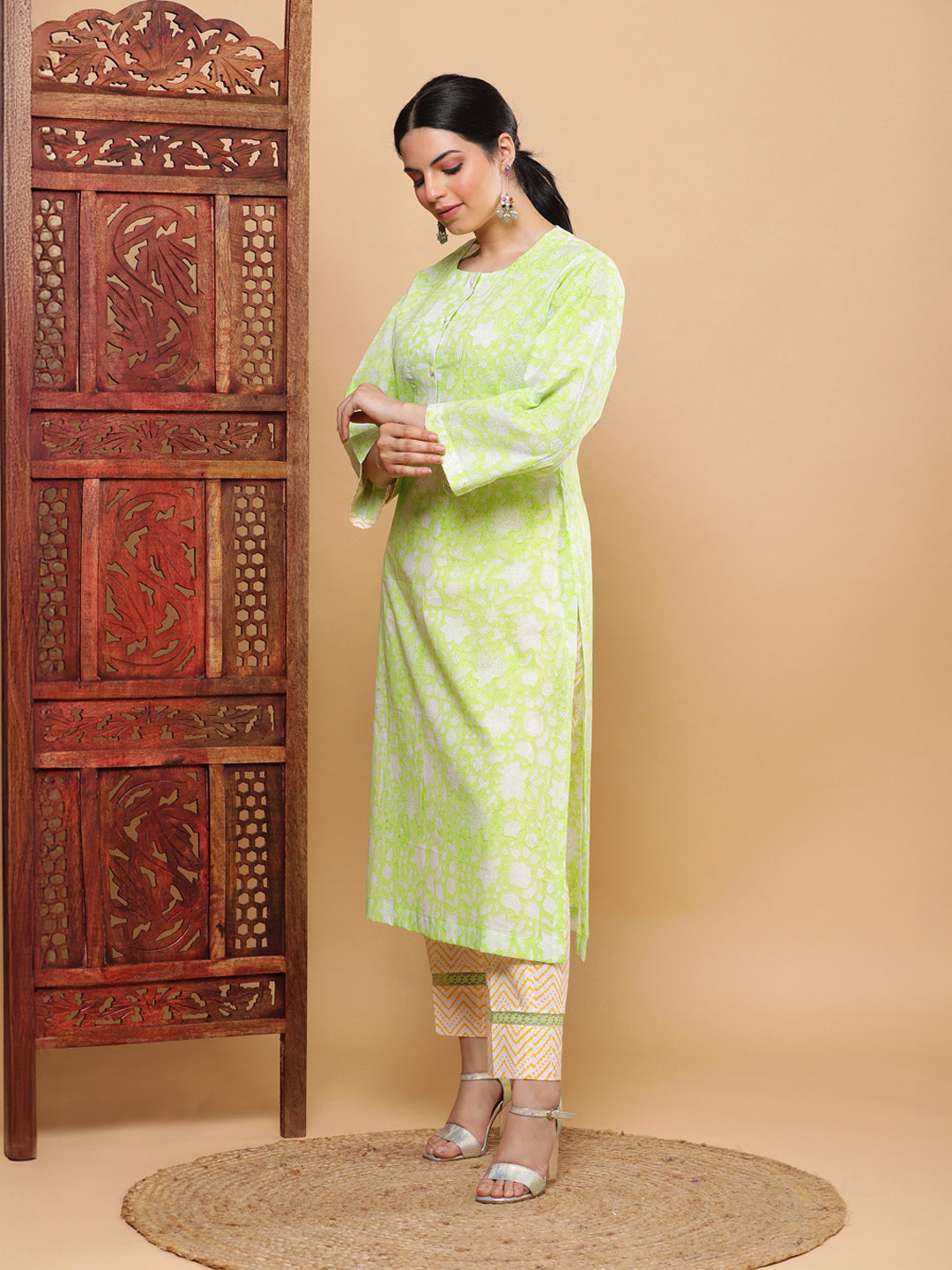 Summery Lime & Amber Cotton Suit with Chiffon Dupatta