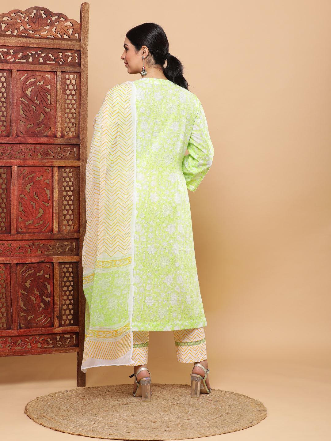 Summery Lime & Amber Cotton Suit with Chiffon Dupatta