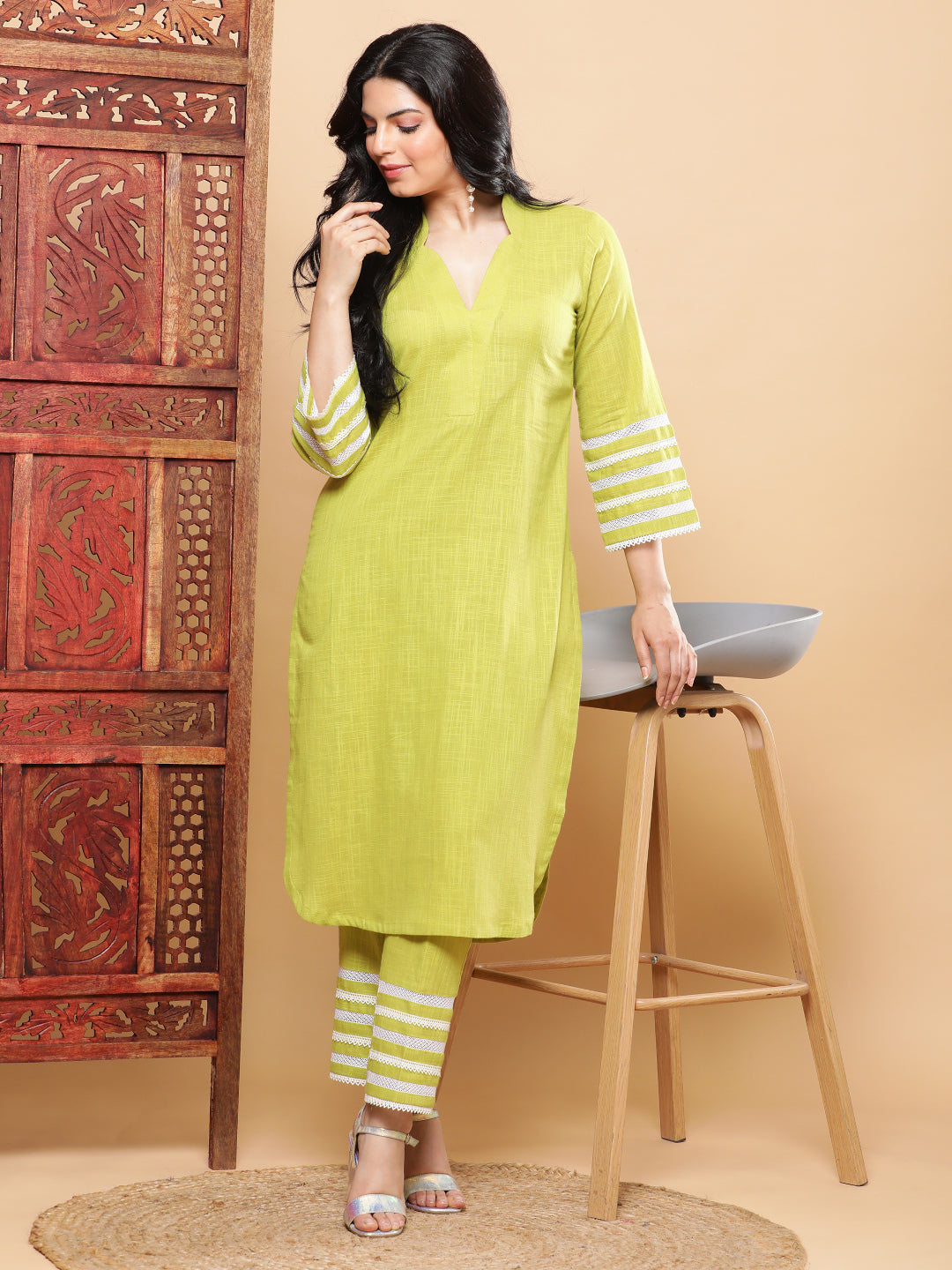 Lime Cordial with Lace Details Kurta Pants