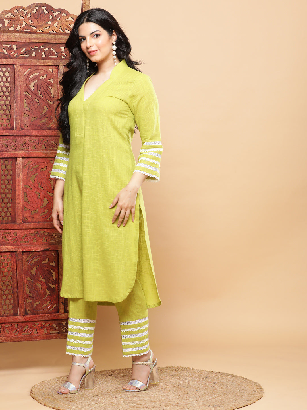 Lime Cordial with Lace Details Kurta Pants