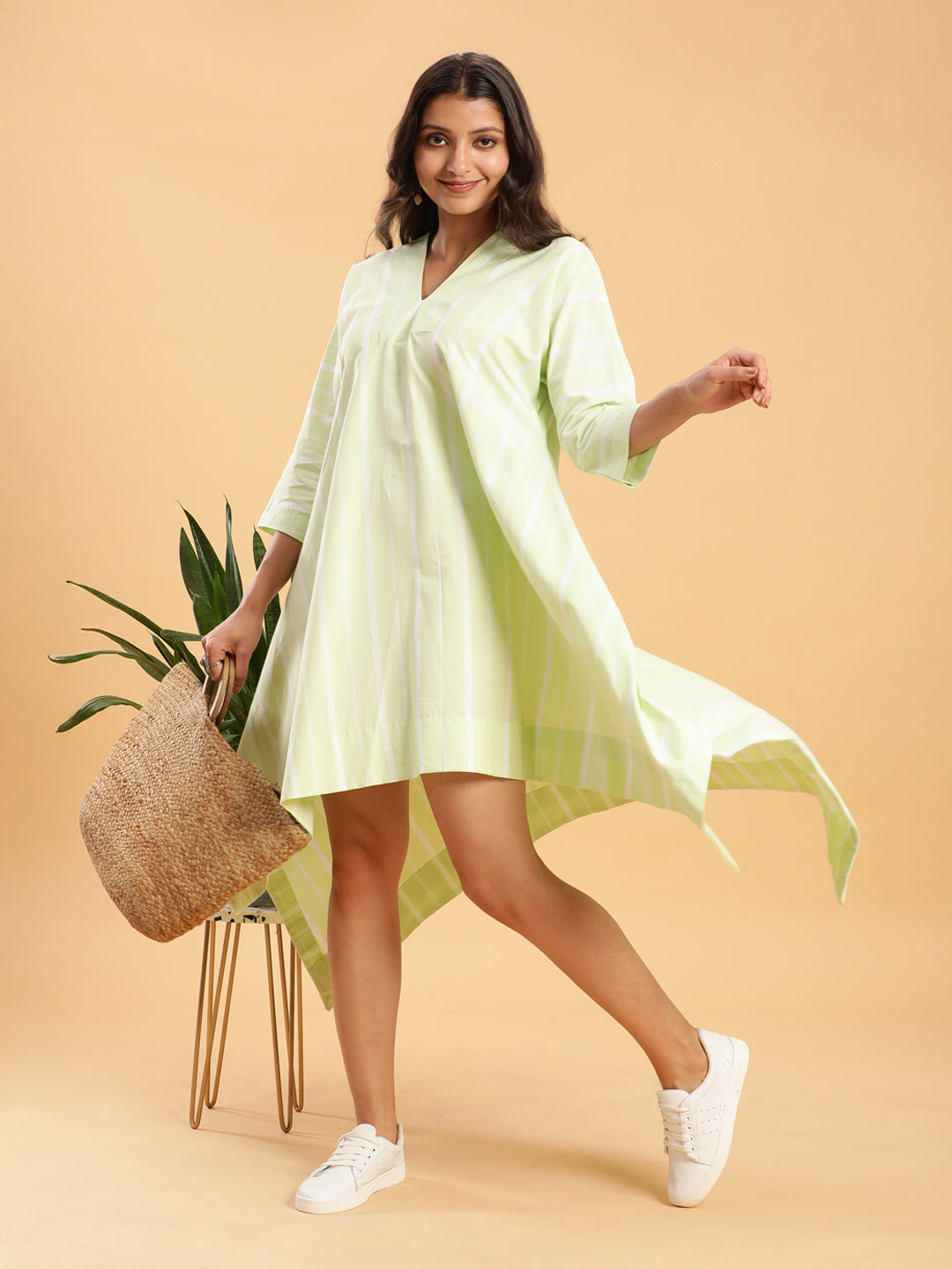 Cool Lime with White Stripes Handkerchief Cut Dress