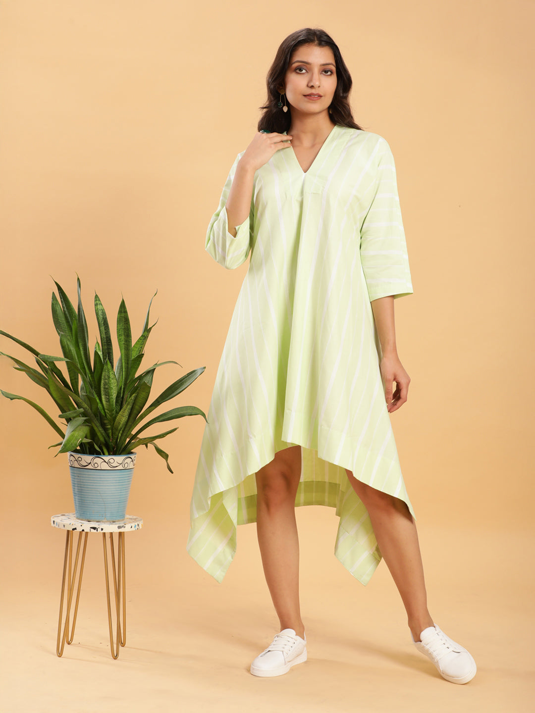 Cool Lime with White Stripes Handkerchief Cut Dress