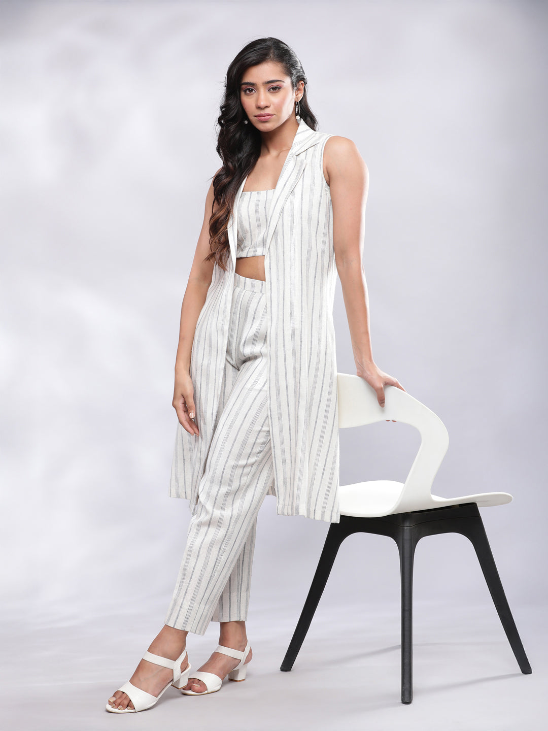 Striped Linen Three Piece Co-ord Set - White & Blue