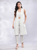 Striped Linen Three Piece Co-ord Set - White & Blue