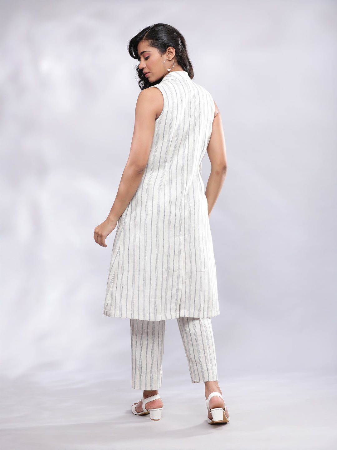 Striped Linen Three Piece Co-ord Set - White & Blue