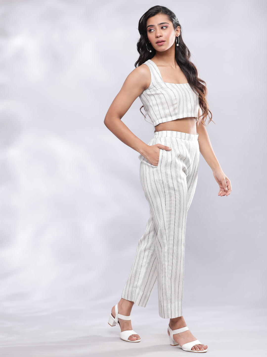 Striped Linen Three Piece Co-ord Set - White & Blue