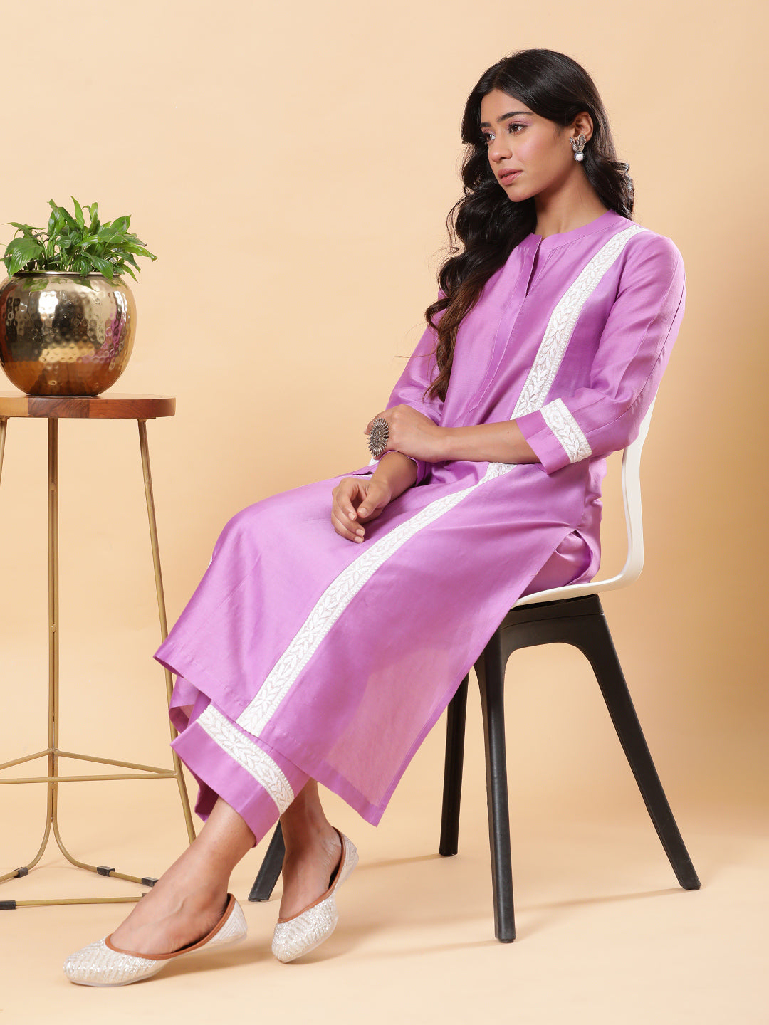 Lucknowi Handwork with Sequin Chanderi Kurta Pant - Purple