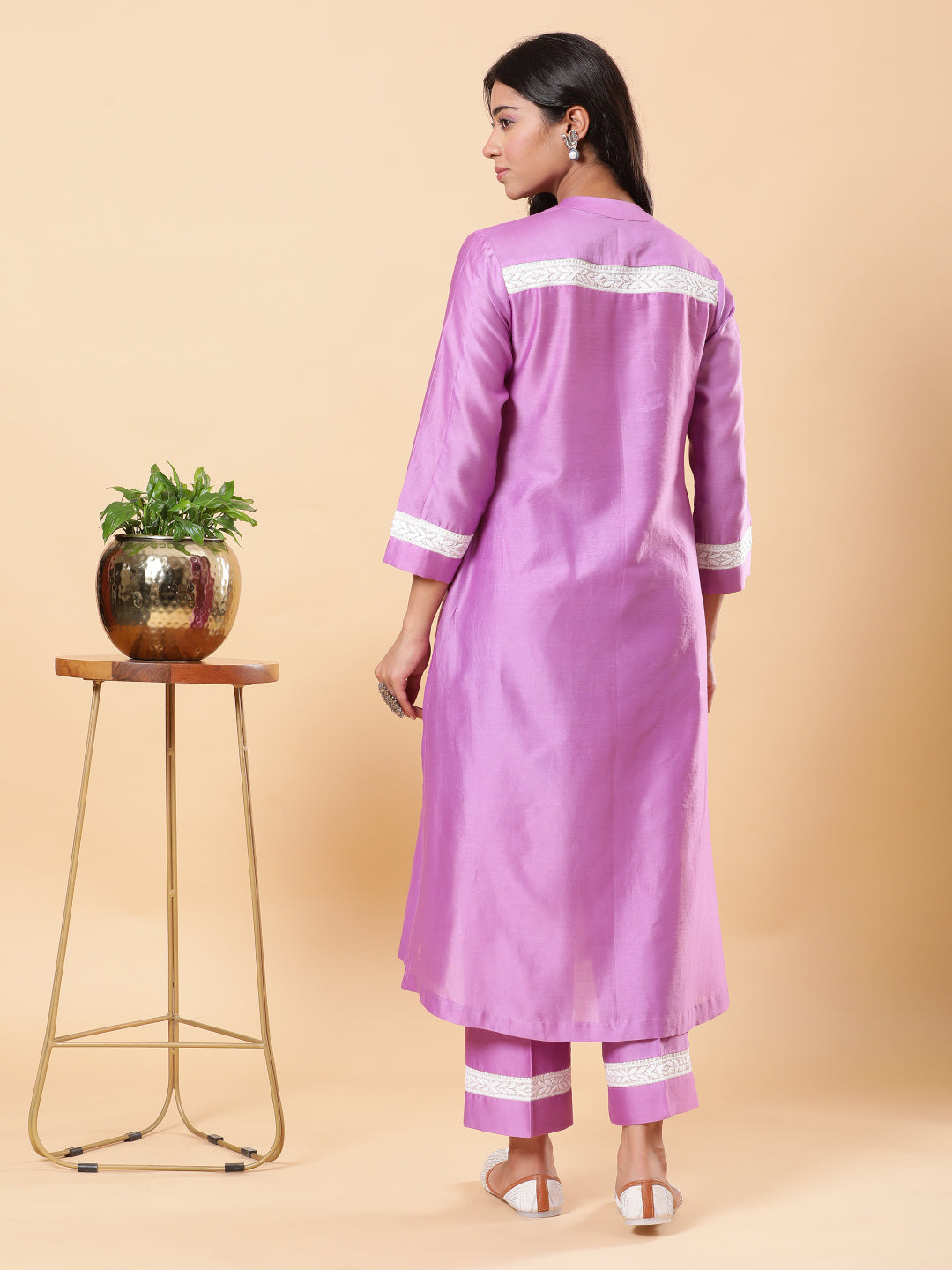 Lucknowi Handwork with Sequin Chanderi Kurta Pant - Purple