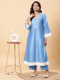 Lucknowi Handwork with Pearls Chanderi Kurta Pant - Blue