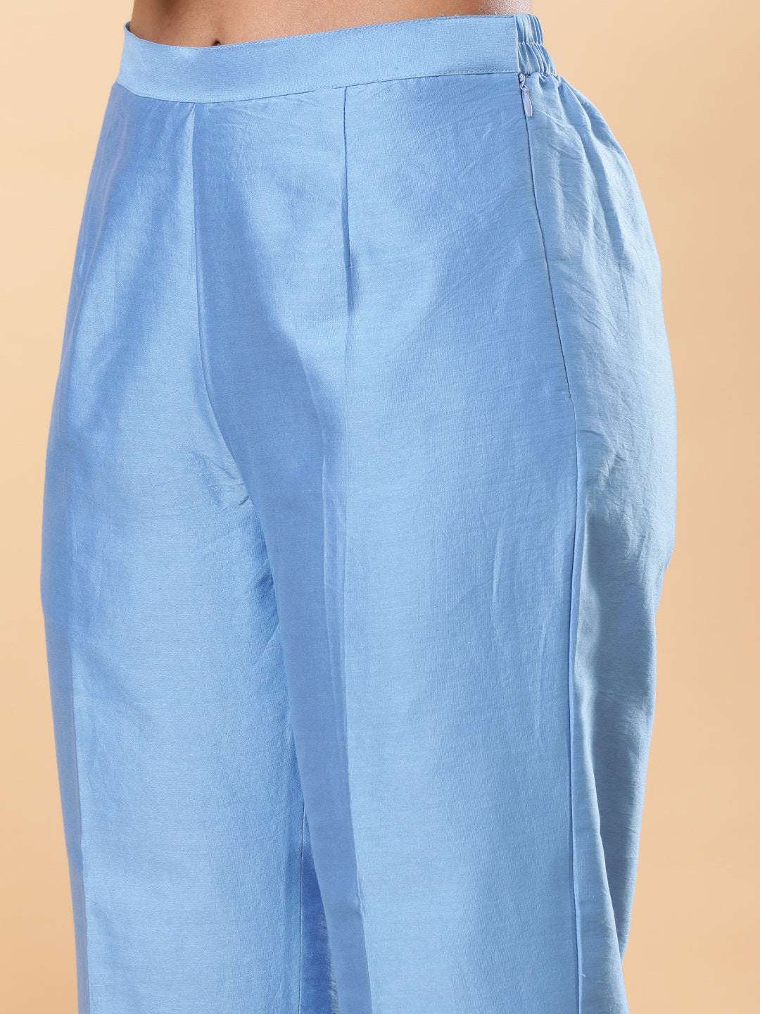 Lucknowi Handwork with Pearls Chanderi Kurta Pant - Blue