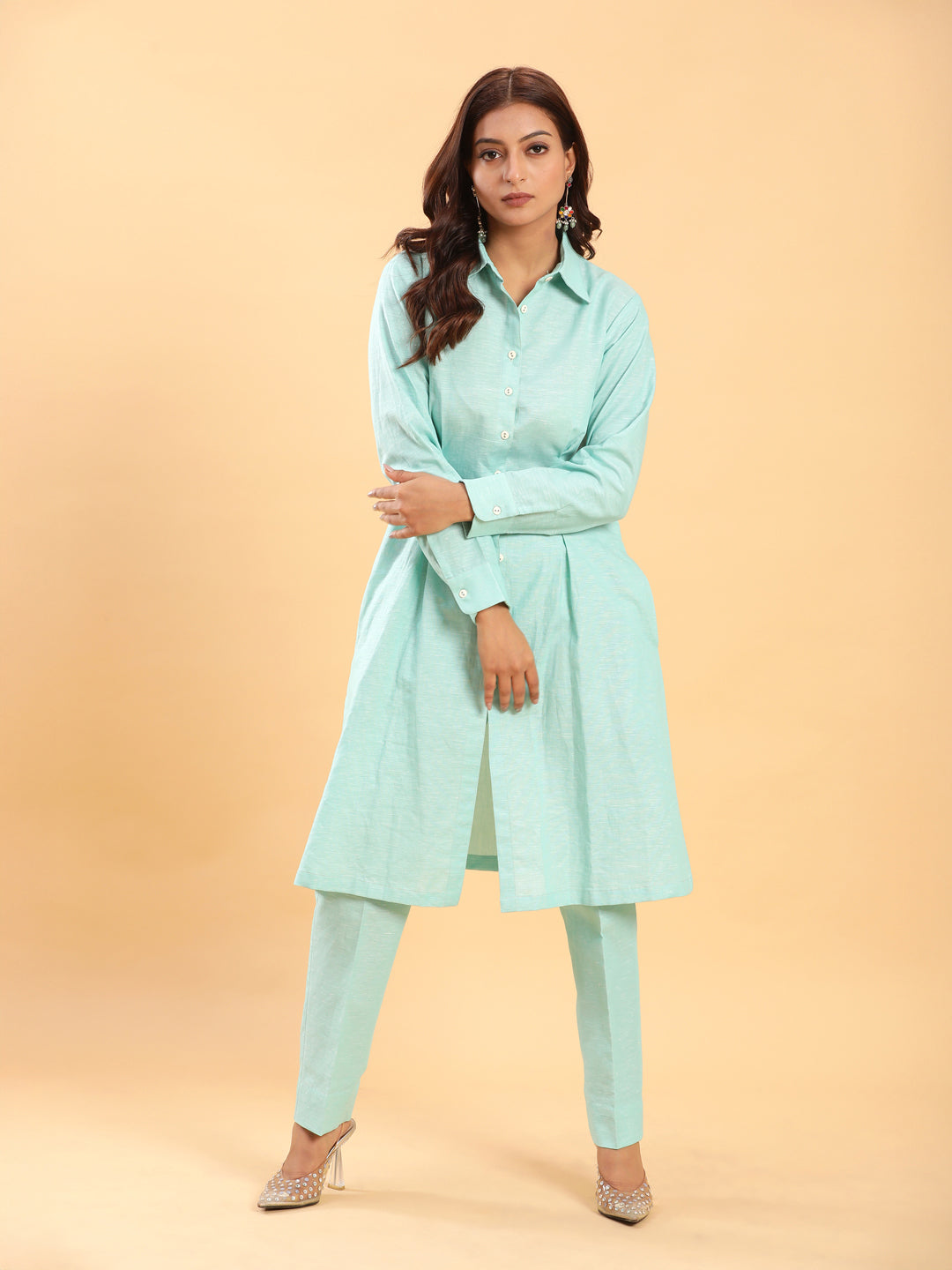 Mint Green Longline Shirt with Formal Pants Co-ord Set