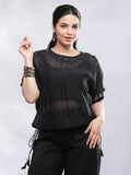 Signature Mul Two Layer Blouson Kimono Top with Motif - Black