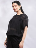 Signature Mul Two Layer Blouson Kimono Top with Motif - Black