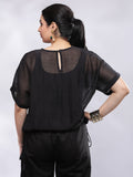 Signature Mul Two Layer Blouson Kimono Top with Motif - Black