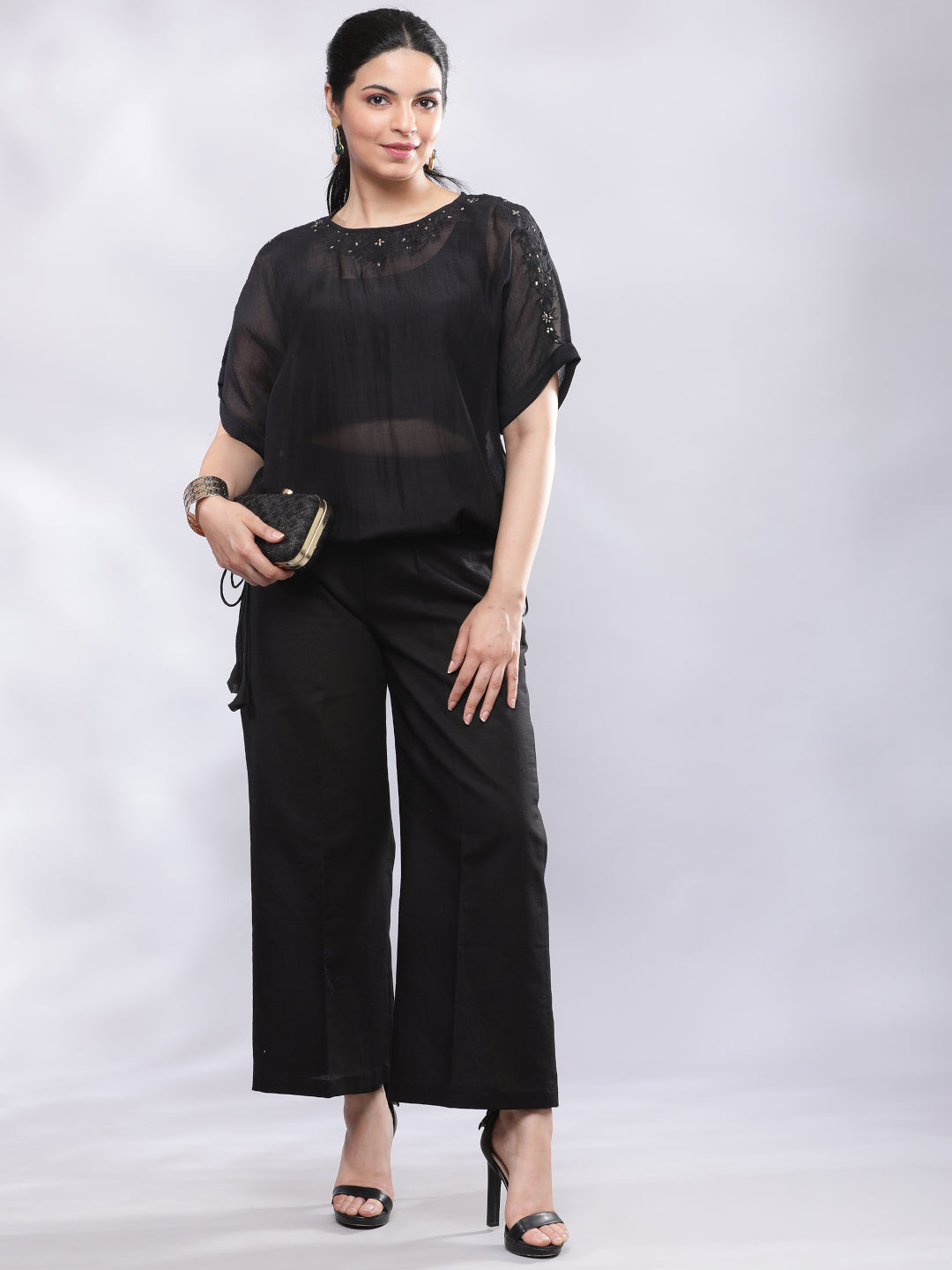 Signature Mul Two Layer Blouson Kimono Top with Motif - Black