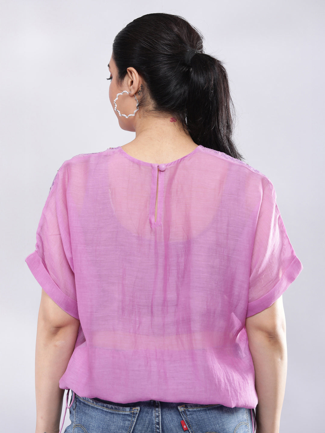 Signature Mul Two Layer Blouson Kimono Top with Motif - Purple