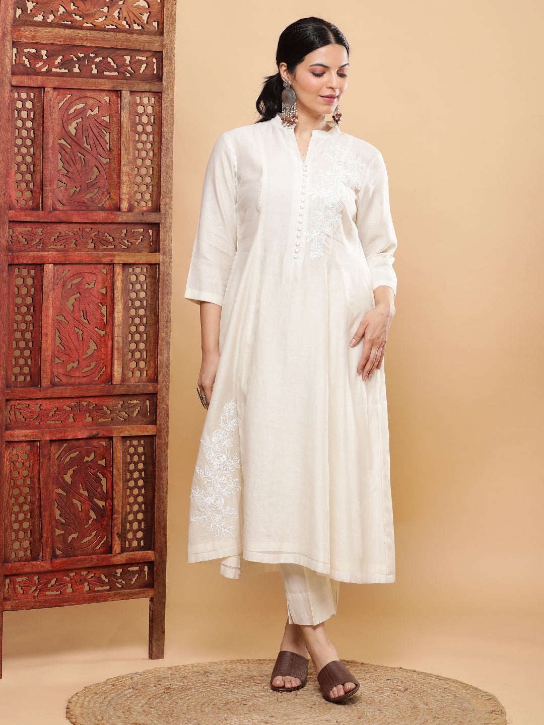 Chandni Mul Chanderi A-line Kurta with Motif - Ivory